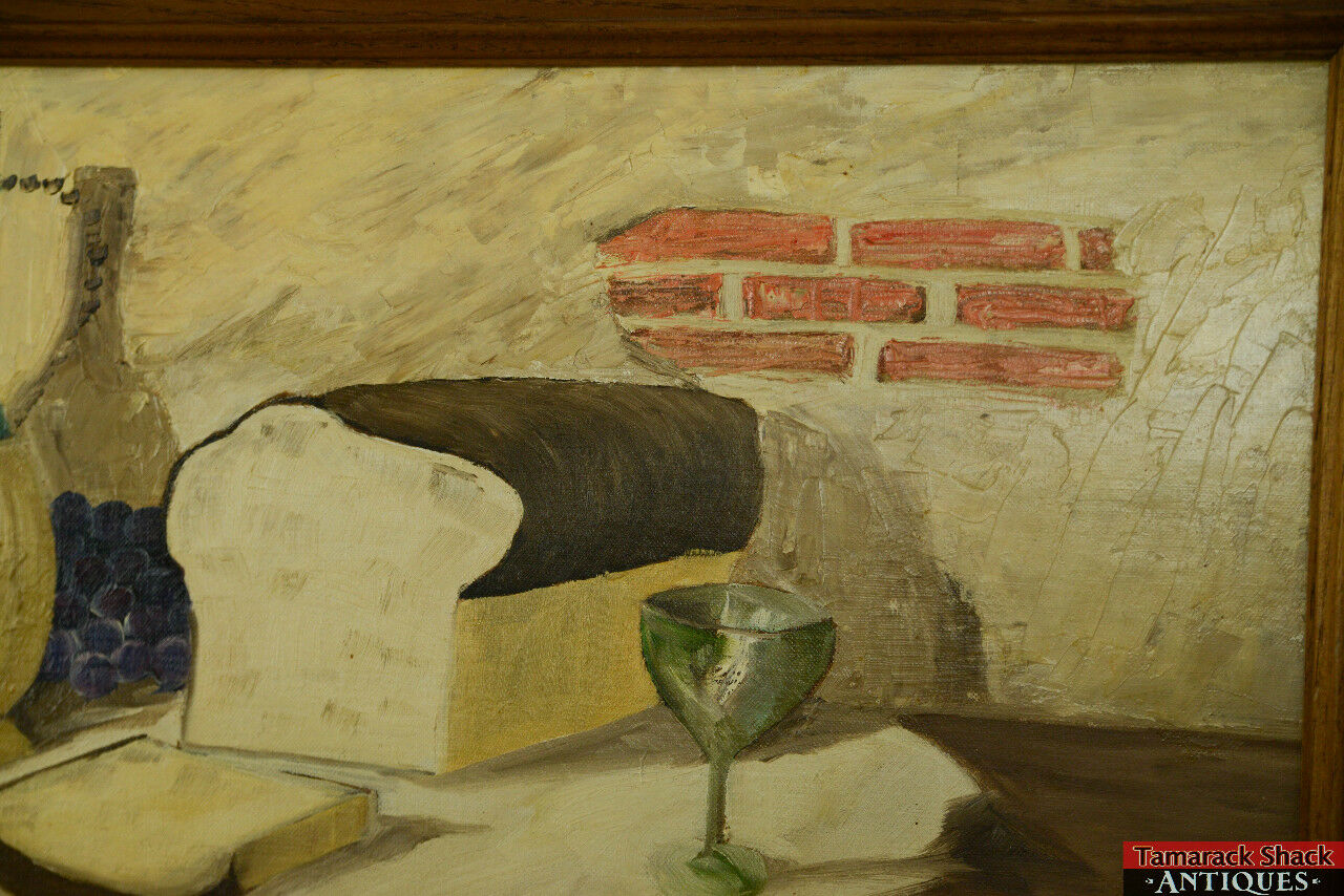 Vtg 1970s ORIG Oil Painting Artist Board Folk Art Still Life Bread Wine Unsigned - Image 6