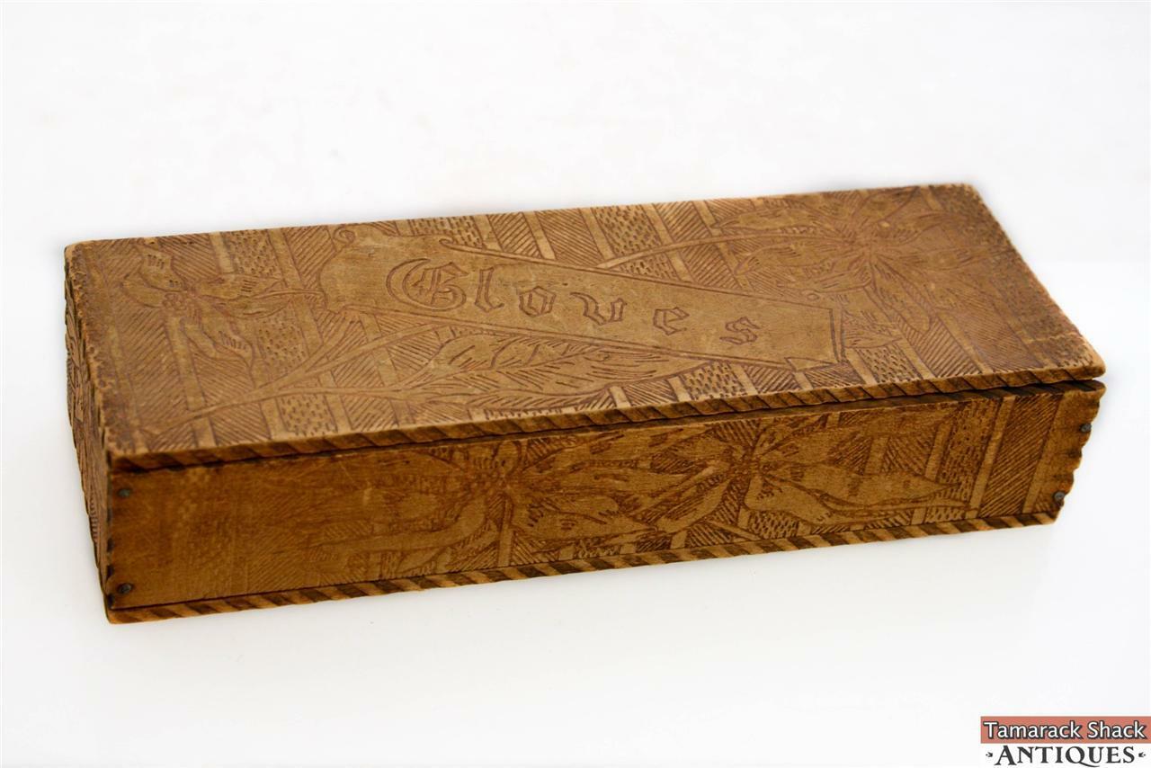 c1913 Nouveau Antique Gloves Box Flemish Art Pyro Burned Wooden 10 ...