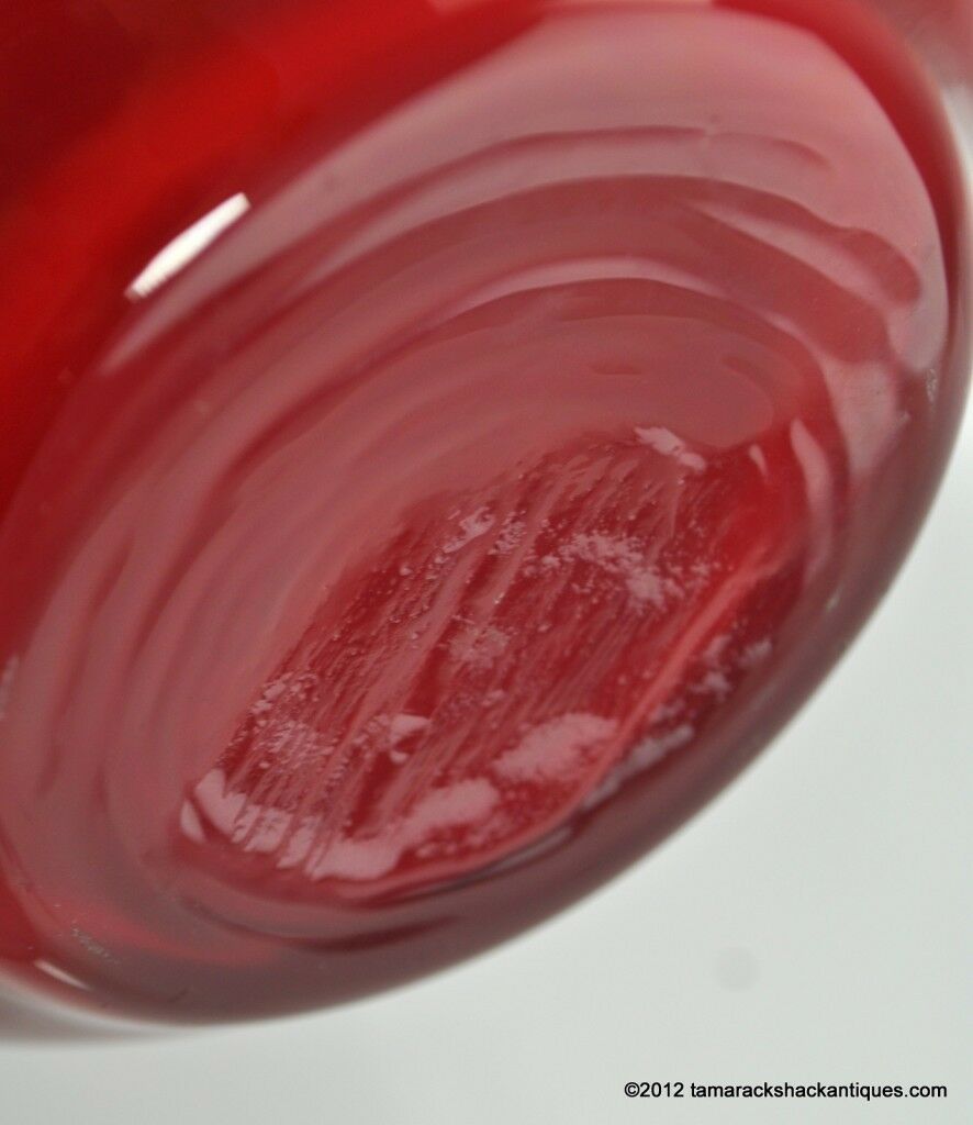 MidCentury Ruffled Top Candy Apple Red Clear White Crested 9 1/4" Art Glass Vase - Image 6
