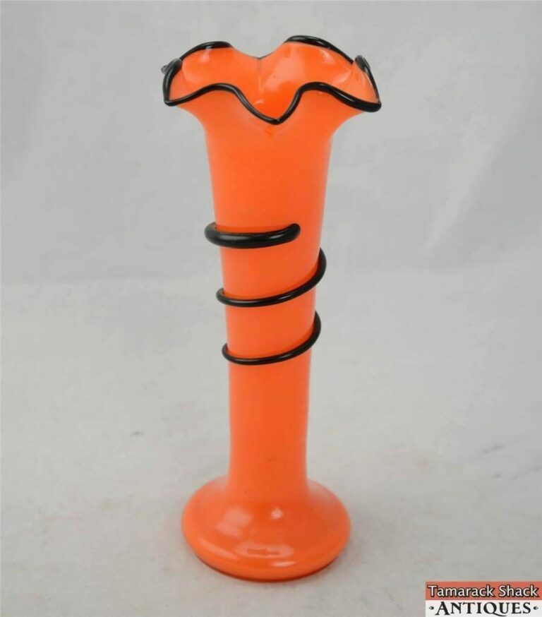 Orange & Black Striped Blown Glass Trumpet Vase Retro Ground Pontil VTG