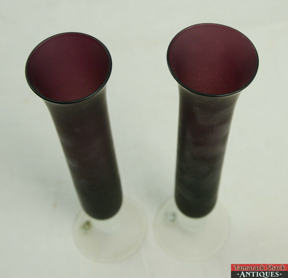 Pair of 8 1/2" Lefton Hand Blown Glass Works Bud Vases Purple Frosted Bottom - Image 3