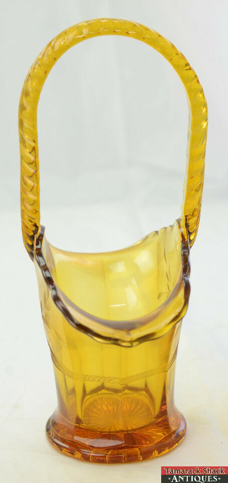 Vintage Amber Cut Glass Handled Center Basket 9" Tall Flower Scalloped Edge - Image 4
