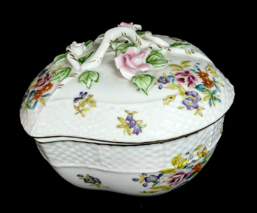 Vintage Elegant Porcelain Lidded Bowl Floral Applied Rose Basket Weave Pattern