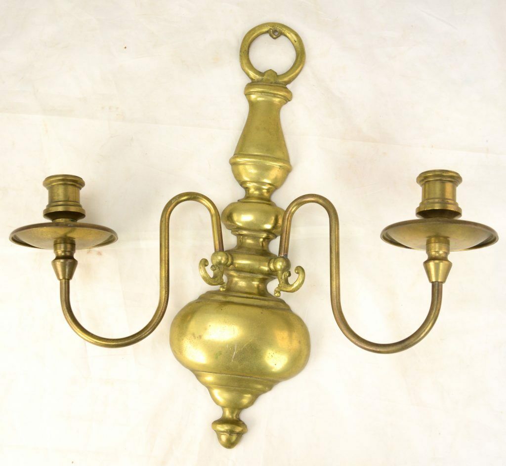 Vintage polished Brass two-Arm Candle holder Sconce Wall mountPolished Brass is a bright goldScroll design