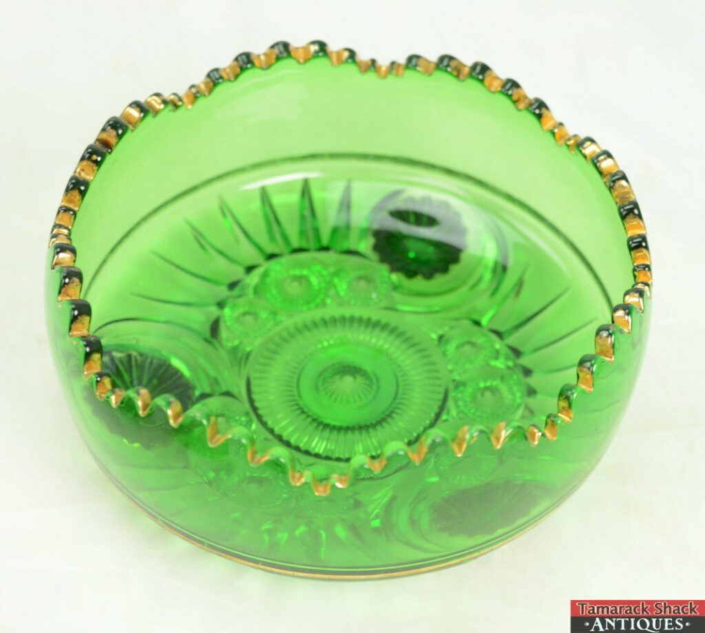 6 Pc EAPG Riverside Emerald Green Gold Gild Esther Tooth & Claw Glass