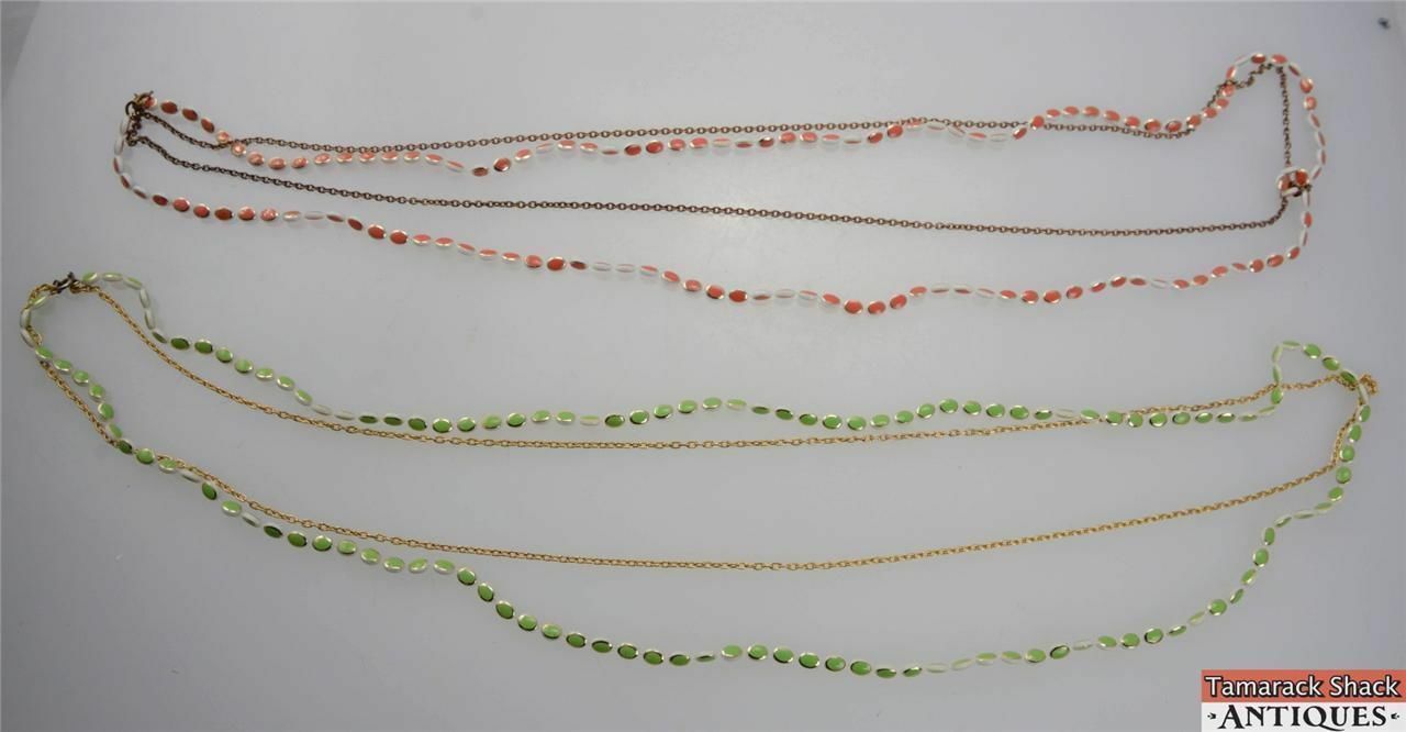 Lot of 2 Vintage 2 Strand Bead Chain Necklace 48" Springring Clasp Coral & Green