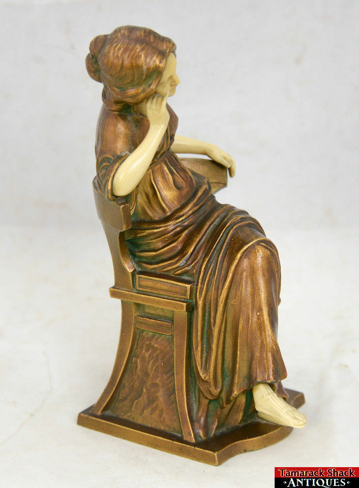 Rare Vintage Ivorine/Celluloid French Bronzed Metal Thinking Woman Figure L8Y - Image 5