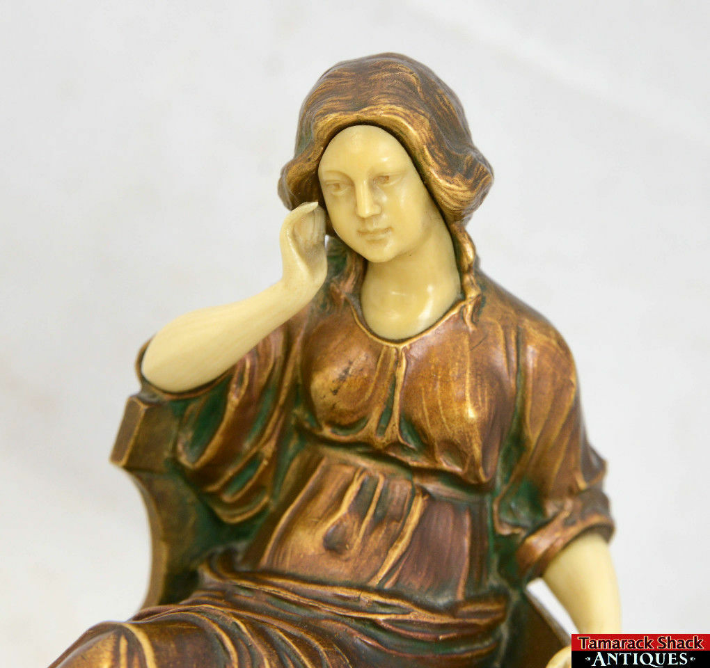 Rare Vintage Ivorine/Celluloid French Bronzed Metal Thinking Woman Figure L8Y - Image 6