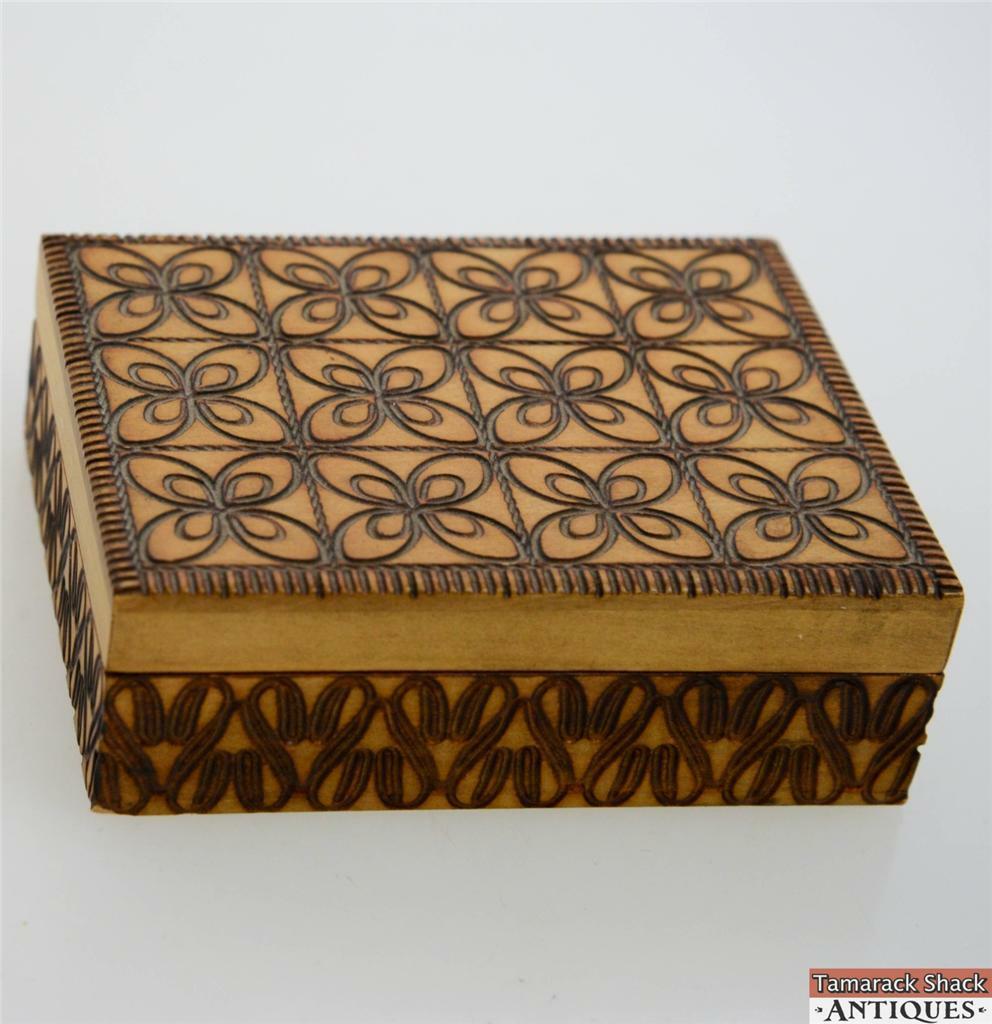 Vintage Polish Flemish Art Pyrography Four Petal Flower Trinket Box Well Made