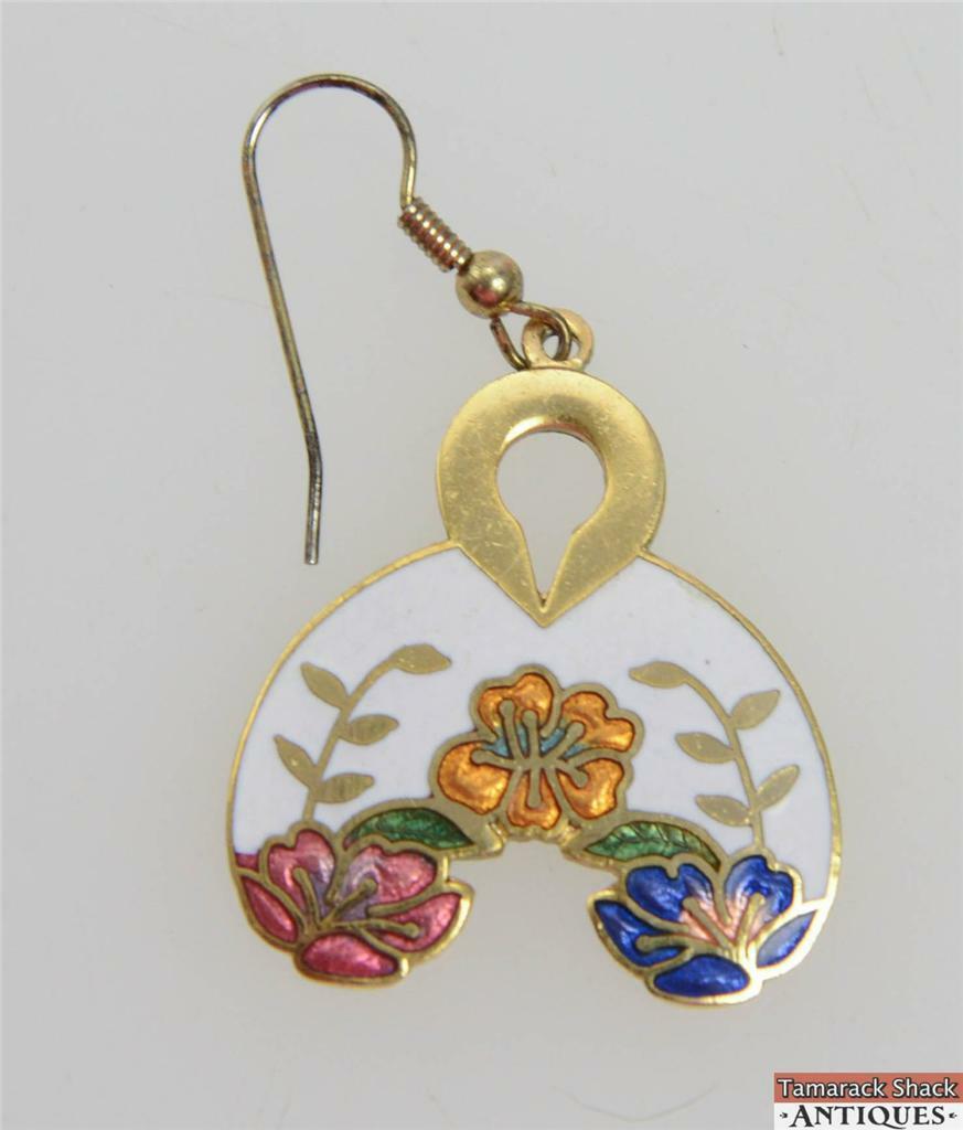 Vtg Cloisonne' Fish Hook Fashion Enameled Multicolored Flower Dangle Earrings - Image 2