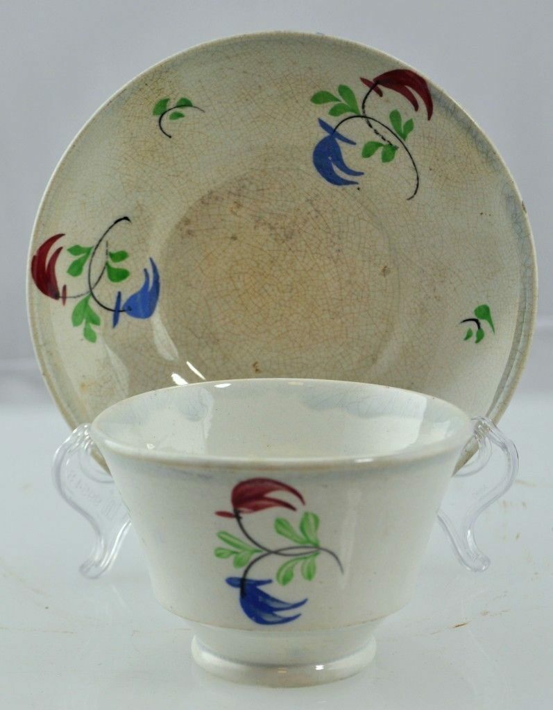19thC Antique English Staffordshire HP Chinese Motif Tea Bowl & Saucer Red Blue