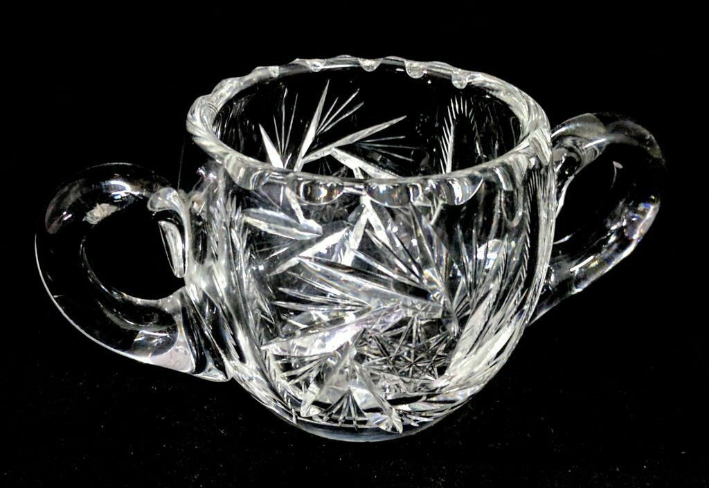 ABP Brilliant Cut Glass Crystal Double Handled Cup Feather Open Sugar Bowl