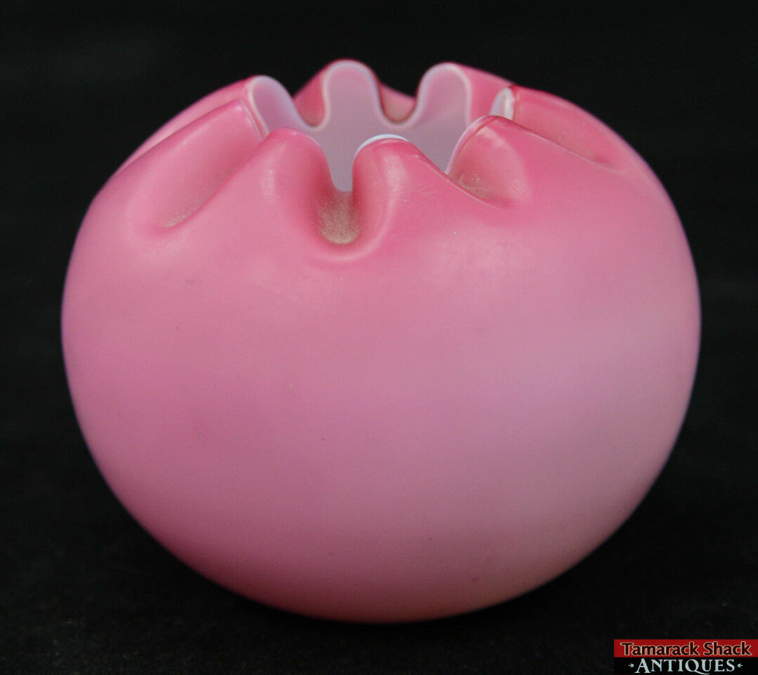 Antique Light Pink Cased Satin Glass Victorian Rose Bowl Crimped White Center - Image 3