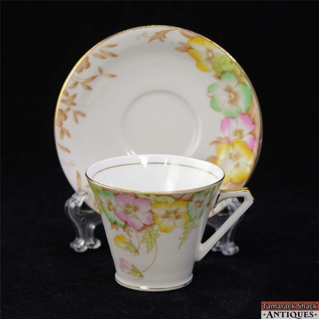 Bell Bone China Flared Tea Cup & Saucer Art Deco Handle Pastel Pansies