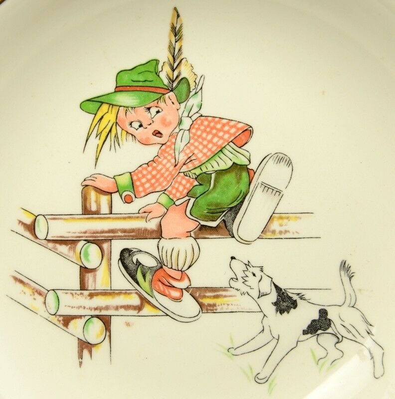 Figgjo Flint Boy Jumping Fence Barking Dog Soup Bowl Gilded Edge Made in Norway - Image 3