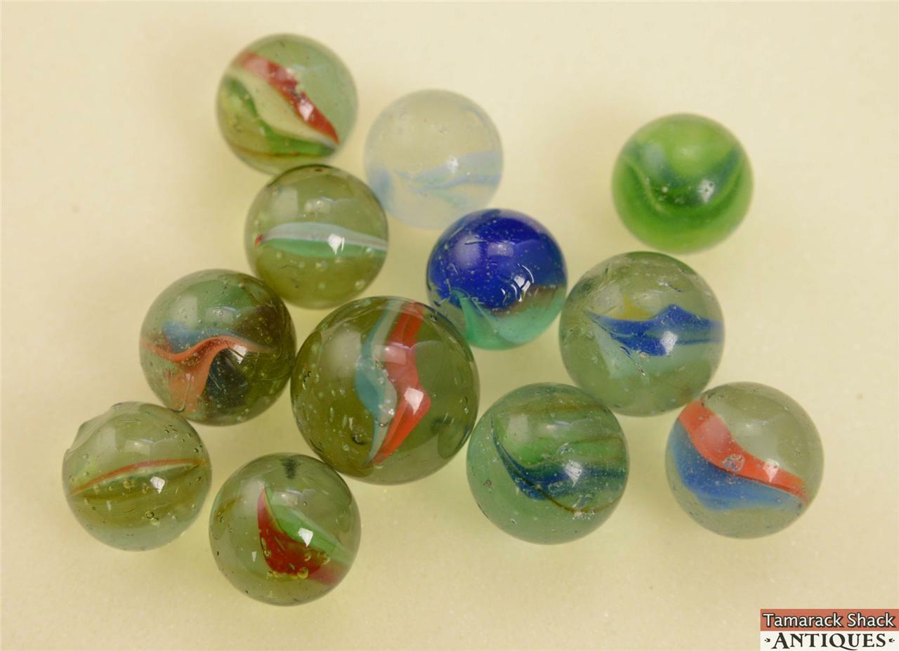 12 Glass Marbles 1” Variety Cat Eyes And Solid Colors 