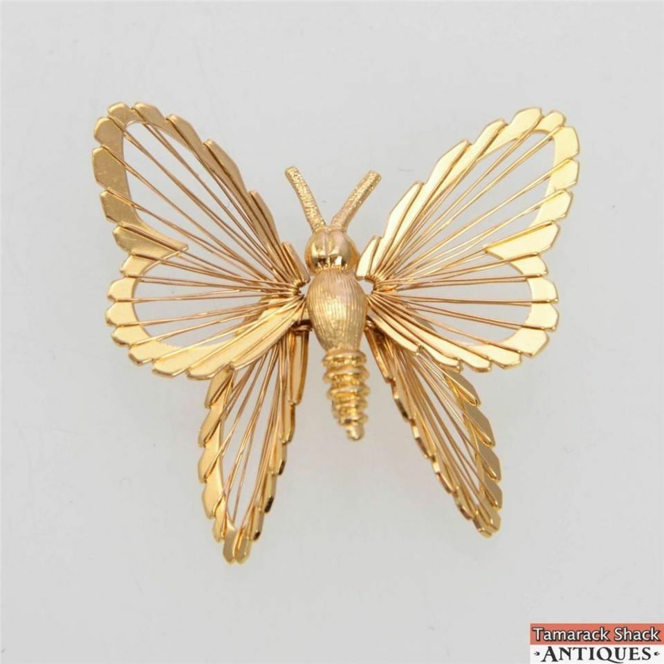 Vintage Signed Monet Gold Toned Open Wired Design Butterfly Brooch 1 3/4 X  1 3/4