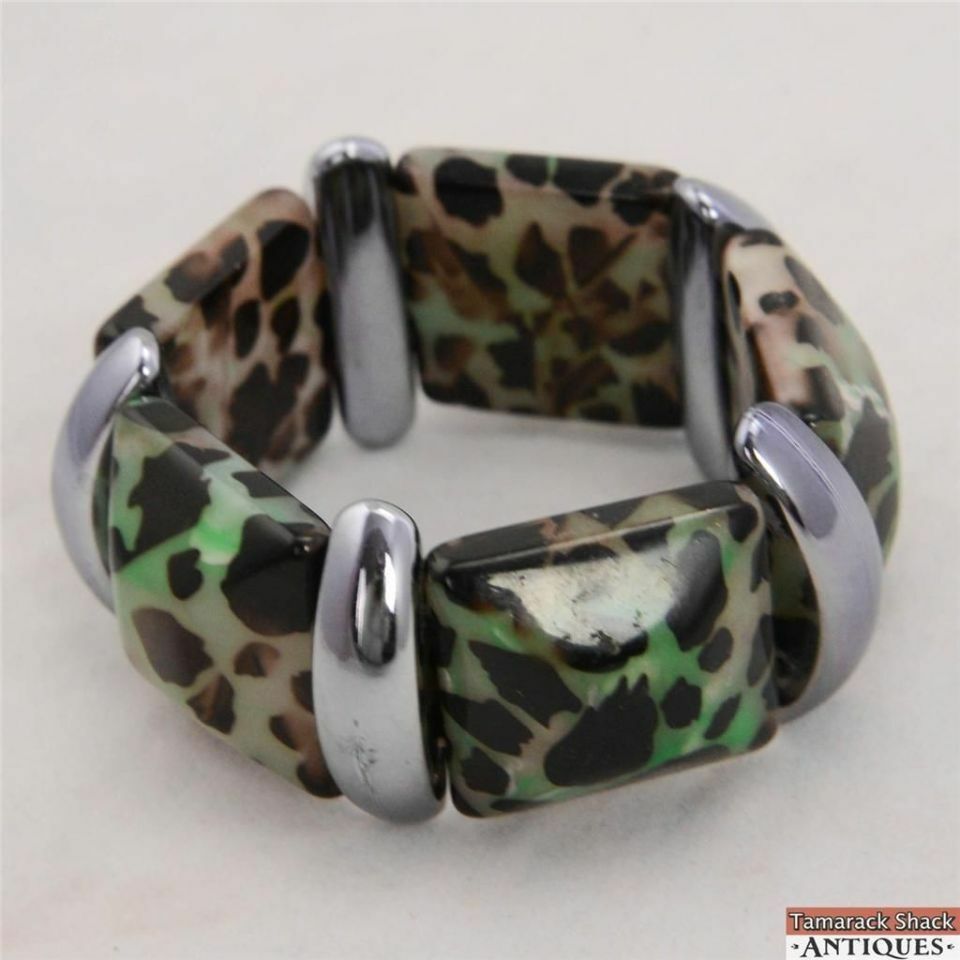 Vintage Silver Toned Green With Black Leopard Spots Chunky Square Link Bracelet