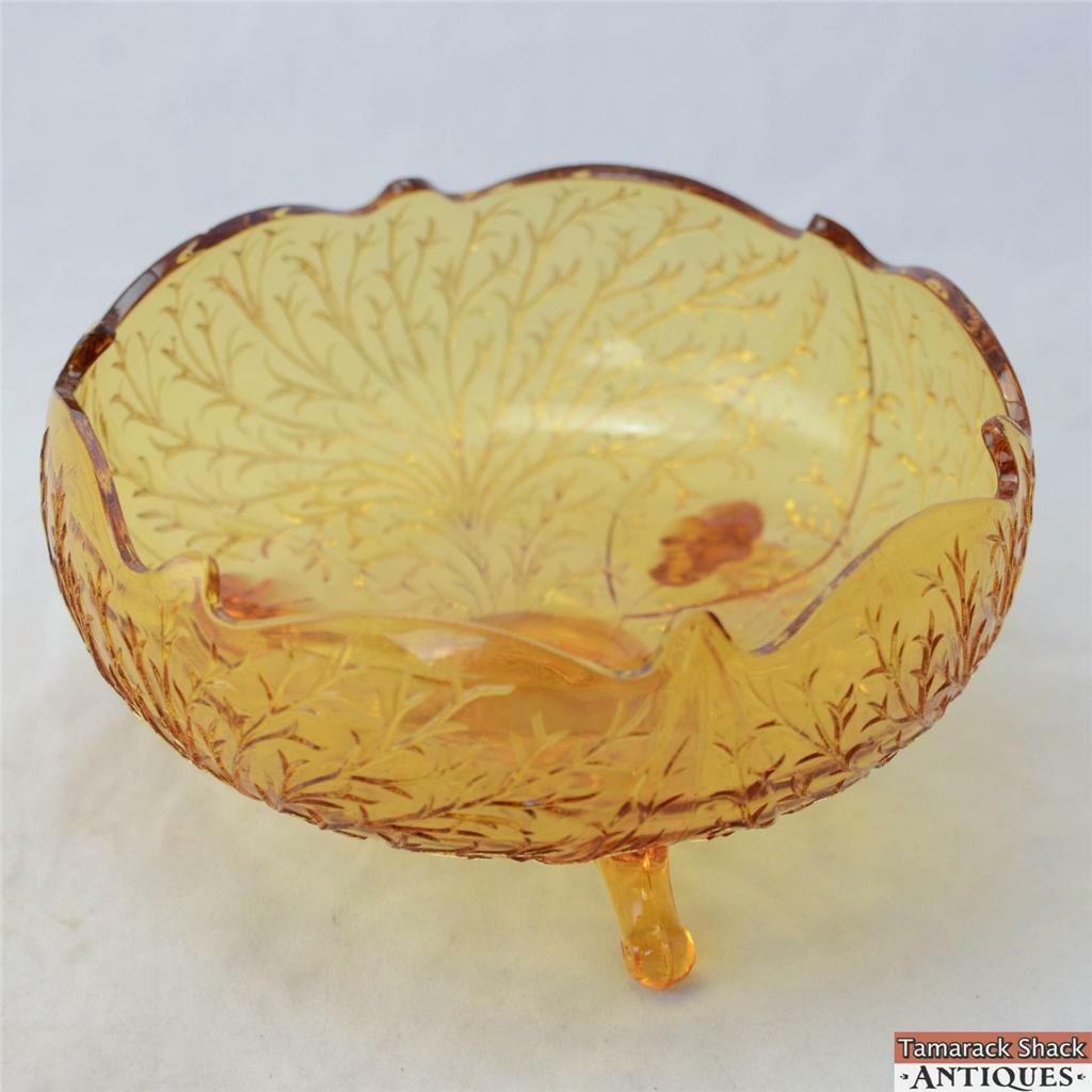 1930s Fenton Low Center Bowl Silvertone Amber Glass Three Toed Branch Design