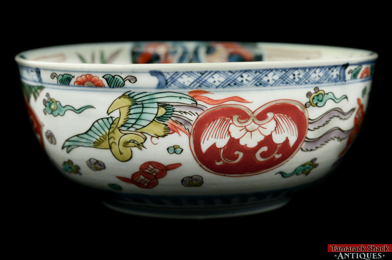 Antique Handpainted 19thC Polychrome Oriental Chinese 7 3/8" Bowl Bird Floral