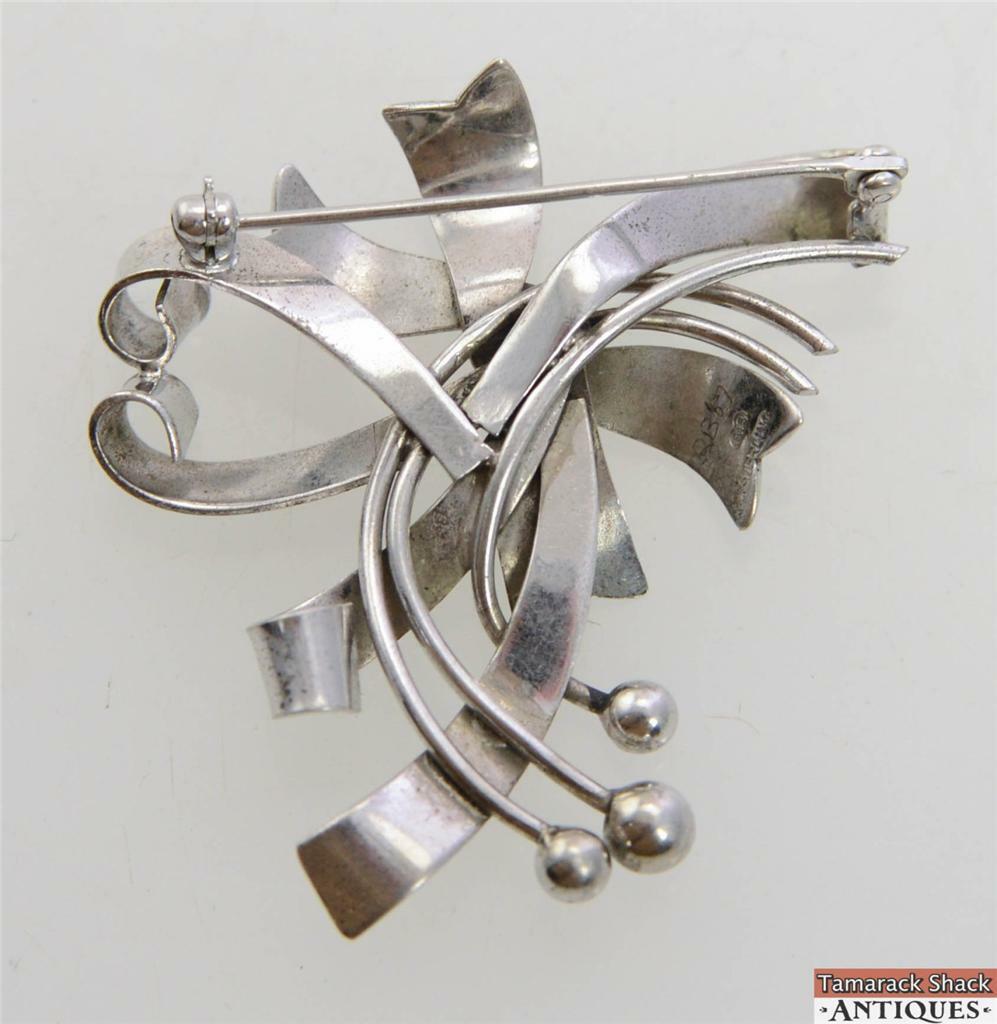 Vintage .925 Sterling Silver Faux Pearl Brooch Pin Cattail Flower Leaves Design - Image 7