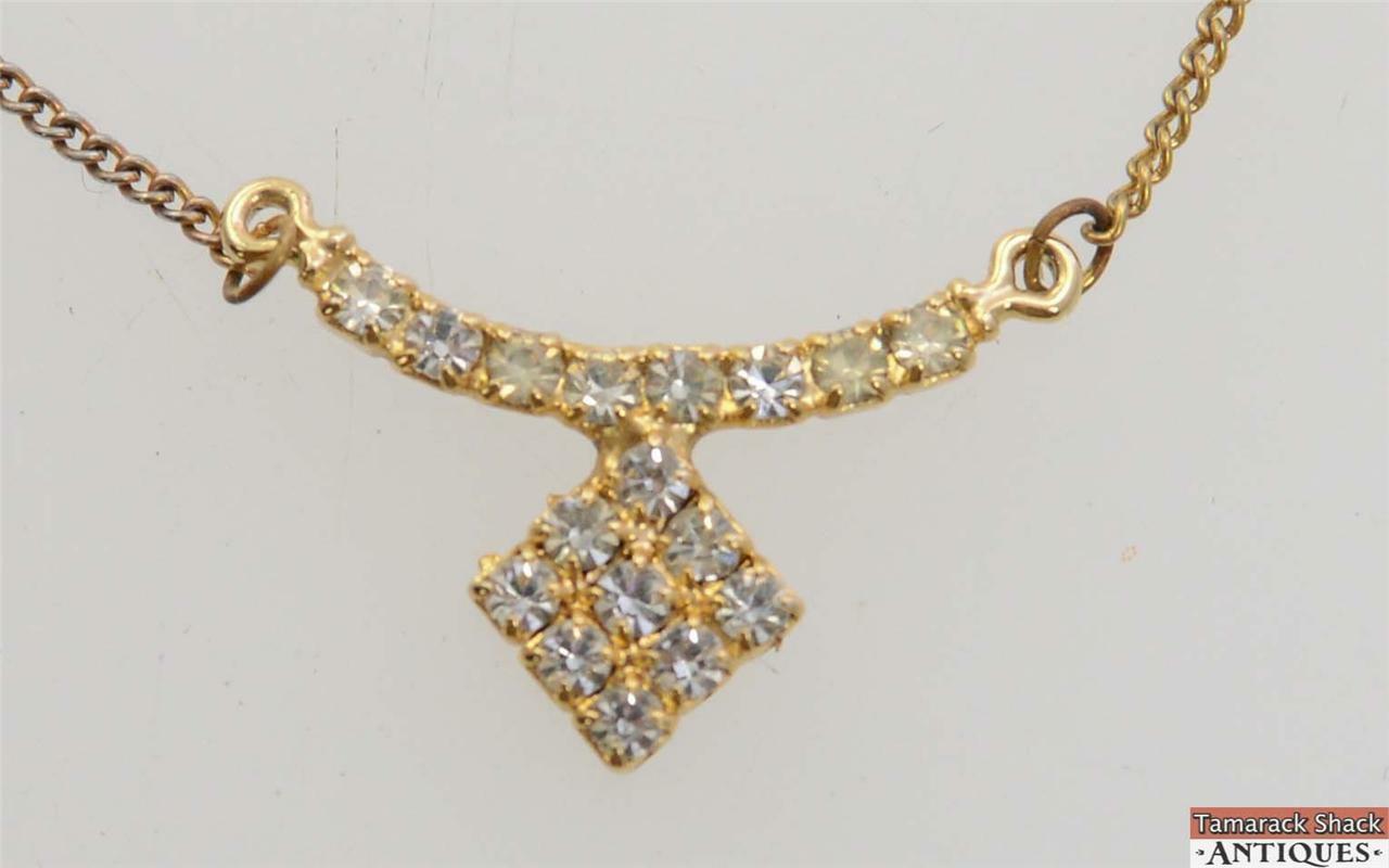 Vintage Gold Toned Necklace 16" Springring Clasp Clear Rhinestone Design Pendant - Image 3