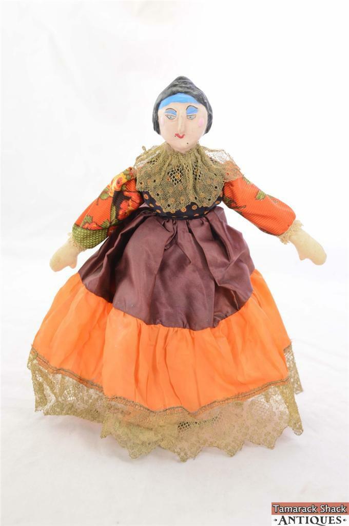 Vintage Hand Made Carved Wax Over Bisque Gypsy Doll With Flour Sack Cloth Body