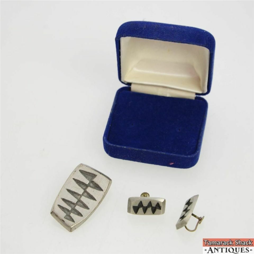 Vintage Tenn Sweden Carved Pewter Brooch Pin With Matching Screw Back Earrings